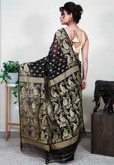 Black Dhakai Jamdani Cotton Saree without Blouse Piece