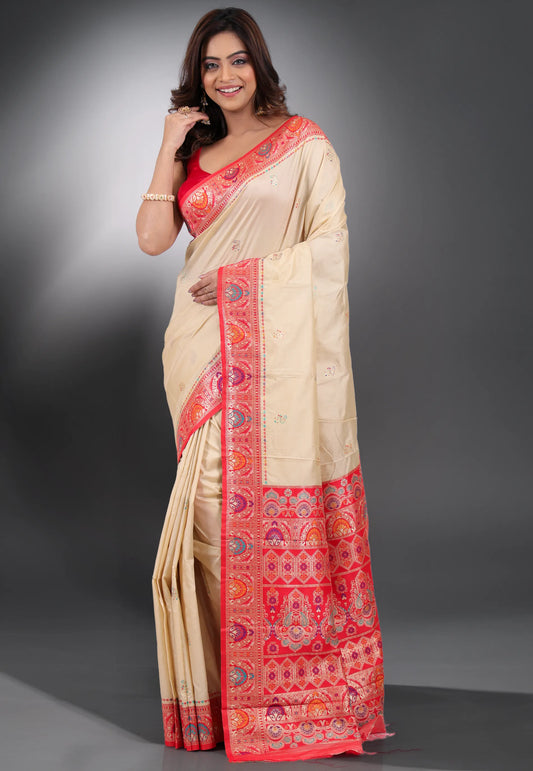 Beige Kanjivaram Silk Saree With Blouse Piece - Adi Akshoy & Co.