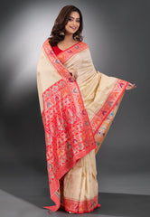 Beige Kanjivaram Silk Saree With Blouse Piece - Adi Akshoy & Co.