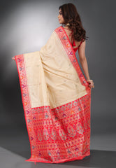 Beige Kanjivaram Silk Saree With Blouse Piece - Adi Akshoy & Co.