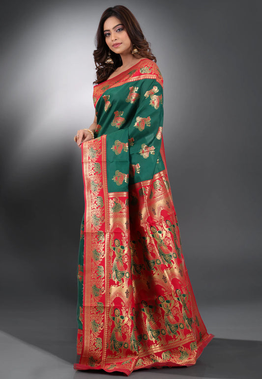 Bottle Green with Red Border Baluchari Silk Saree with Blouse Piece - Adi Akshoy & Co.