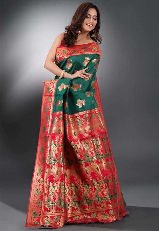 Bottle Green with Red Border Baluchari Silk Saree with Blouse Piece - Adi Akshoy & Co.