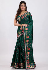 Bottle Green Kantha Silk Saree With Blouse Piece - Adi Akshoy & Co.