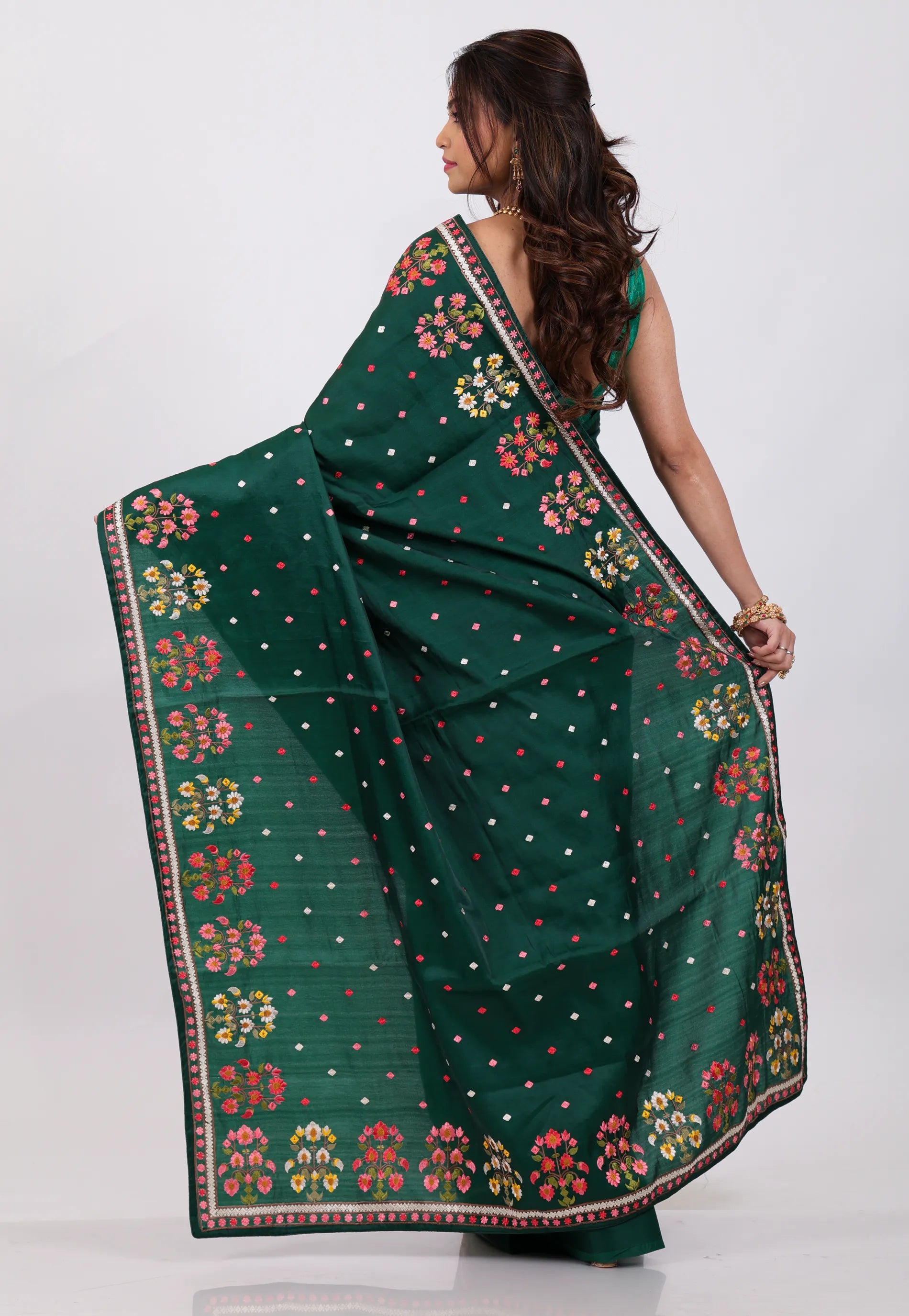 Bottle Green Kantha Silk Saree With Blouse Piece - Adi Akshoy & Co.