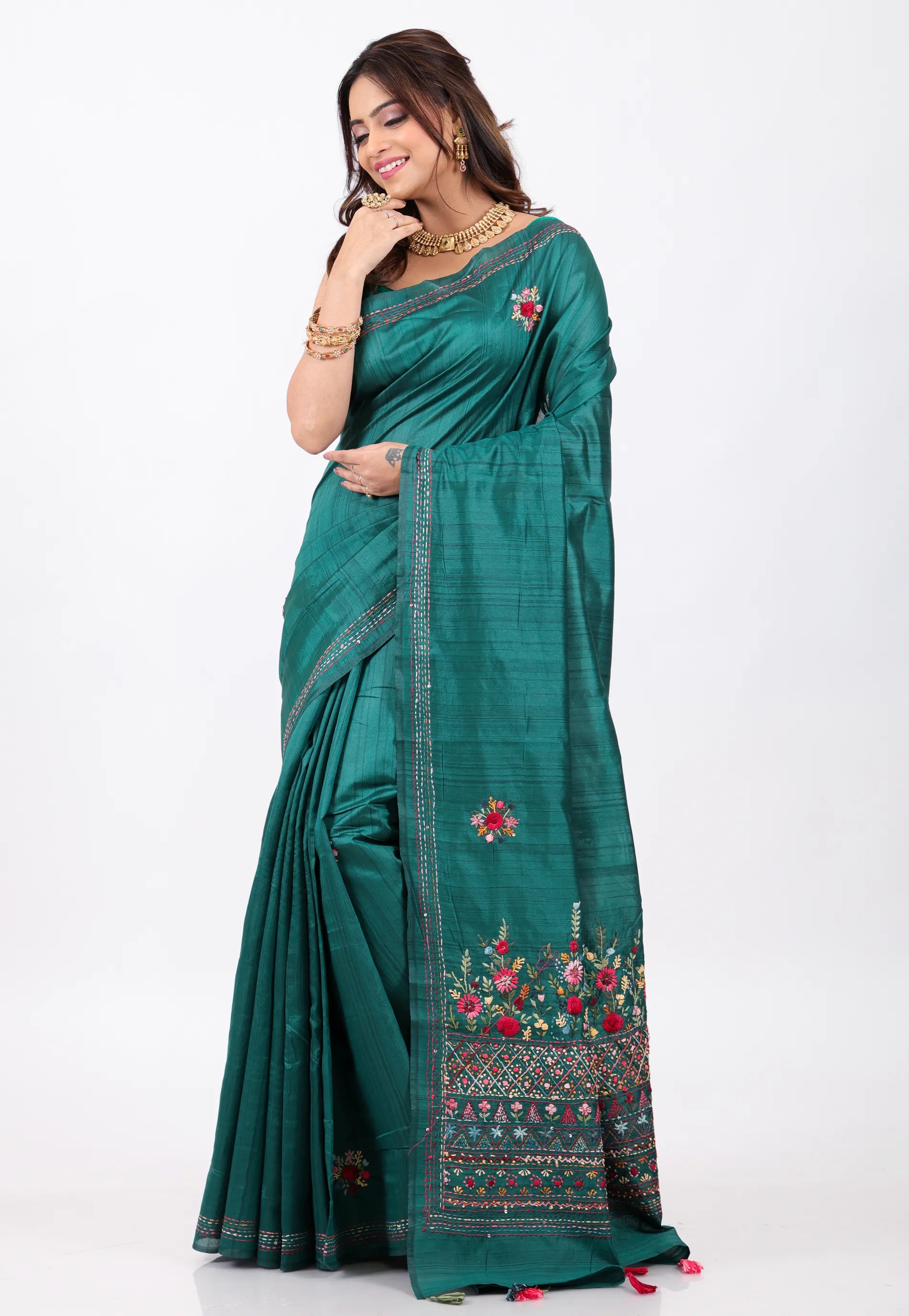 Ramma Green Kantha Silk Saree With Blouse Piece - Adi Akshoy & Co.
