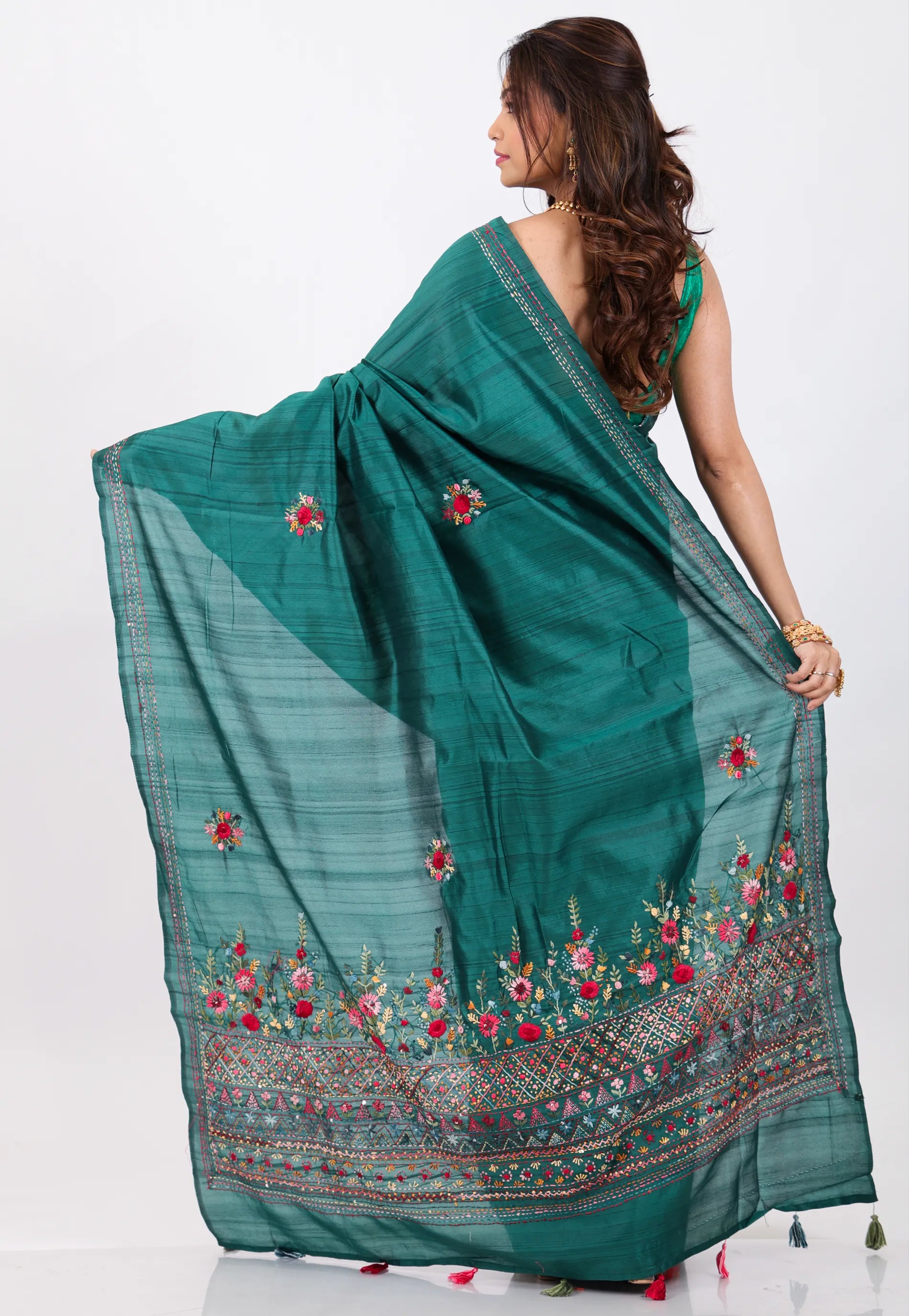 Ramma Green Kantha Silk Saree With Blouse Piece - Adi Akshoy & Co.