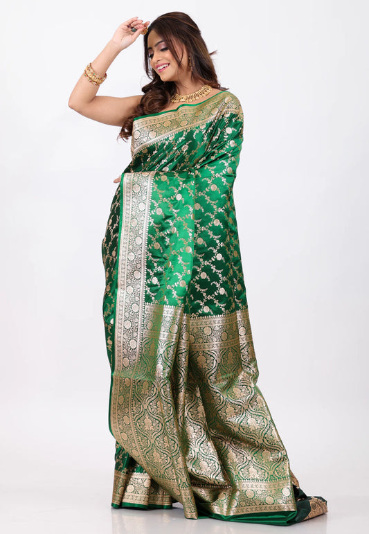 Bottle Green Wedding Banarasi Saree with Blouse Piece - Adi Akshoy & Co.
