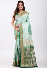 Sea Green Pastel Benarasi Saree With Blouse Piece - Adi Akshoy & Co.