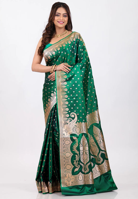 Bottle Green Wedding Banarasi Saree with Blouse Piece - Adi Akshoy & Co.