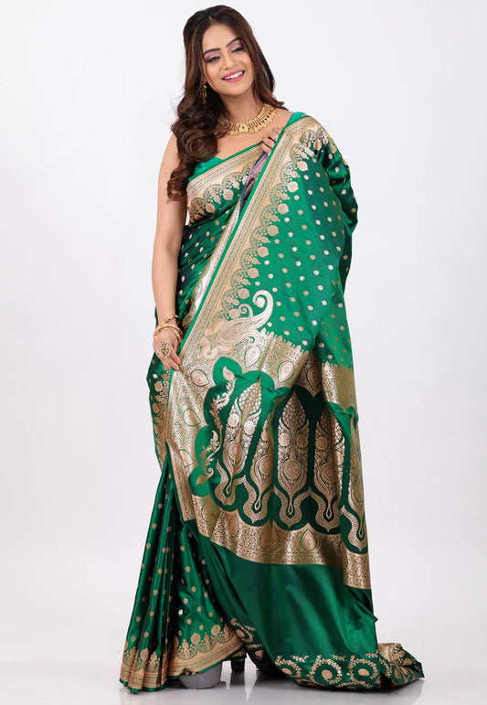 Bottle Green Wedding Banarasi Saree with Blouse Piece - Adi Akshoy & Co.