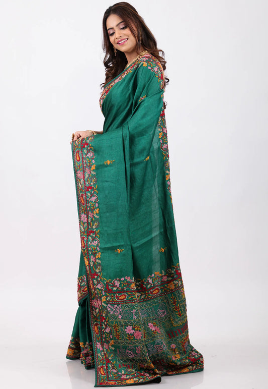 Bottle Green Pure Kantha Silk Saree With Blouse Piece - Adi Akshoy & Co.