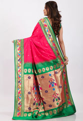 Rani with Green Border Paithani Silk Saree With Blouse Piece - Adi Akshoy & Co.