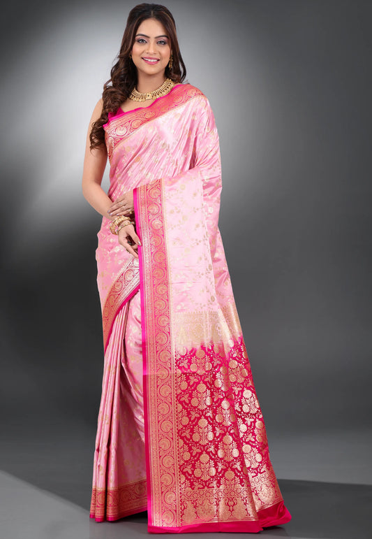 Pink with Rani Border Pastel Banarasi Saree With Blouse Piece - Adi Akshoy & Co.