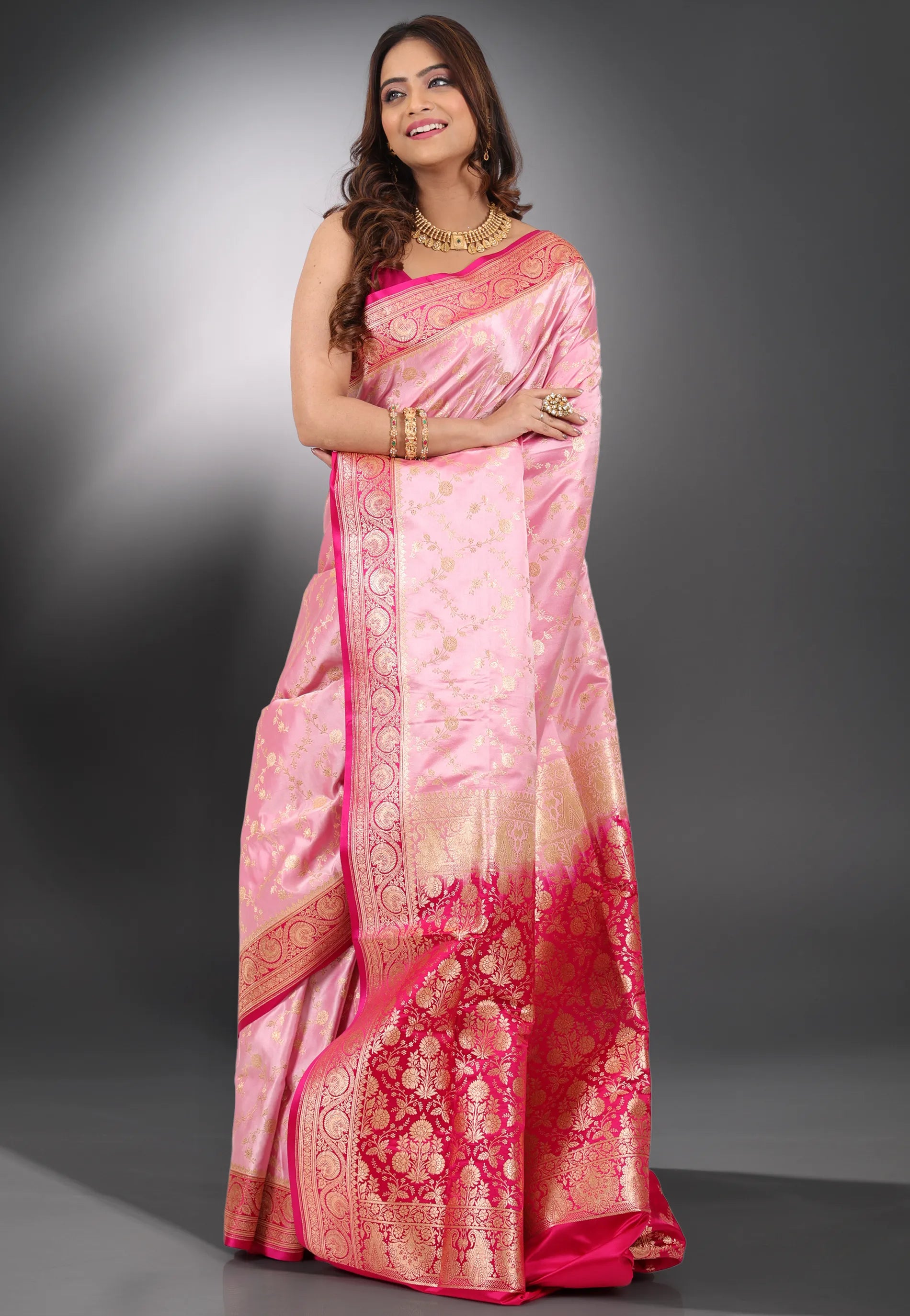 Pink with Rani Border Pastel Banarasi Saree With Blouse Piece - Adi Akshoy & Co.
