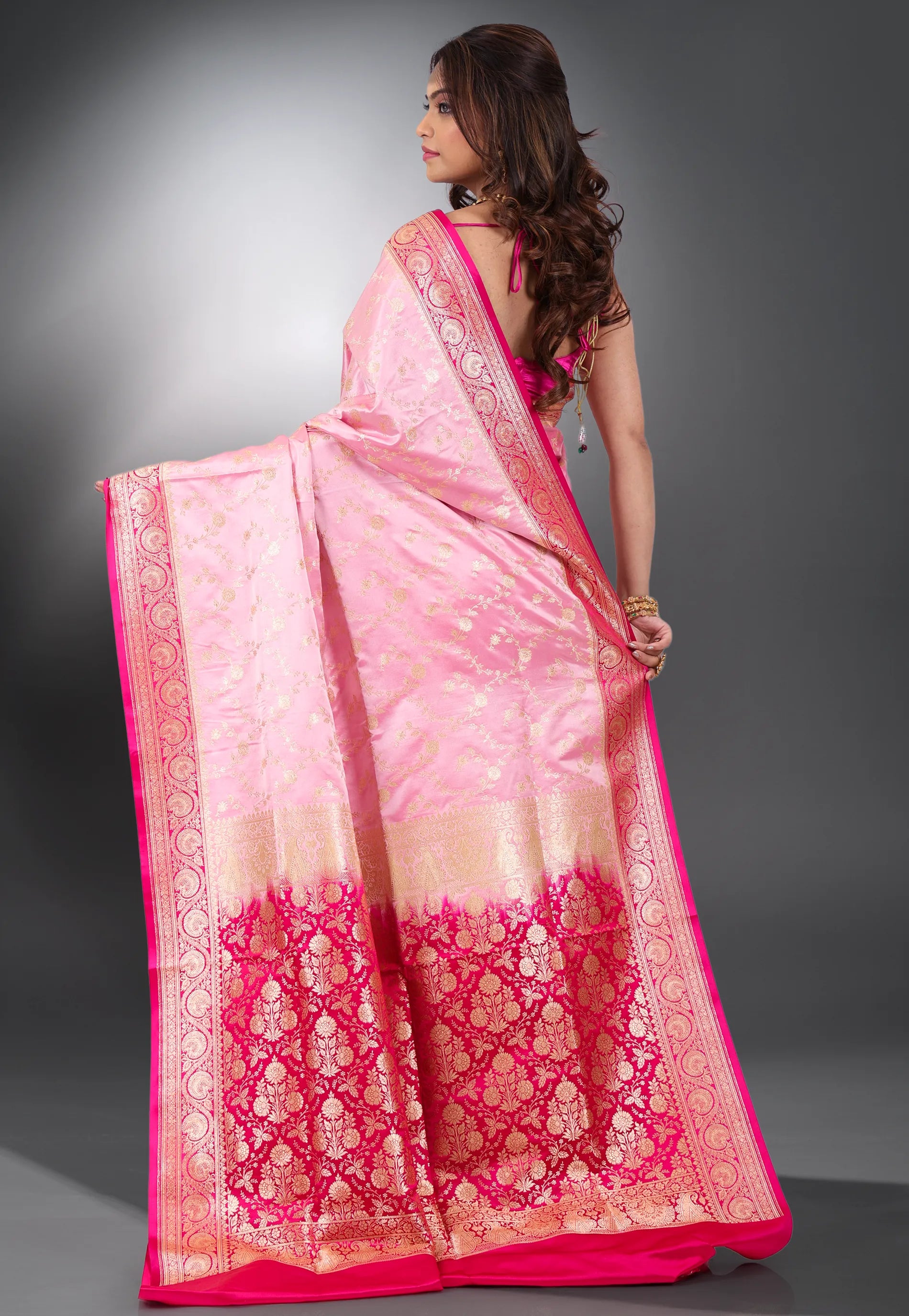 Pink with Rani Border Pastel Banarasi Saree With Blouse Piece - Adi Akshoy & Co.
