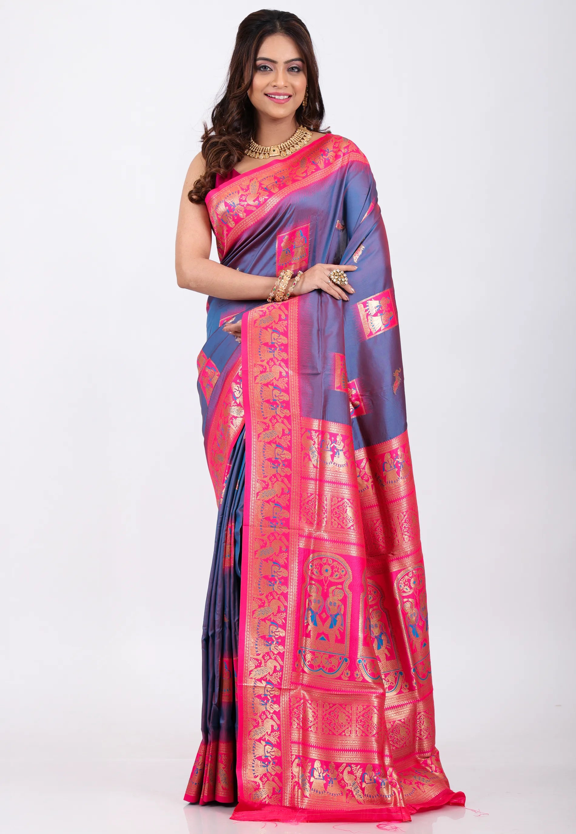 Dual shades of Purple & Blue with Rani Border Baluchari Silk Saree with Blouse Piece - Adi Akshoy & Co.