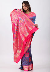 Dual shades of Purple & Blue with Rani Border Baluchari Silk Saree with Blouse Piece - Adi Akshoy & Co.