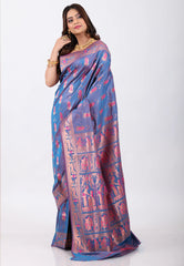 Dual shades of Purple & Blue Baluchari Silk Saree with Blouse Piece - Adi Akshoy & Co.