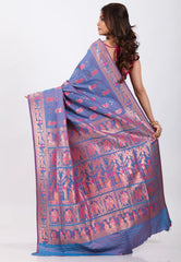 Dual shades of Purple & Blue Baluchari Silk Saree with Blouse Piece - Adi Akshoy & Co.