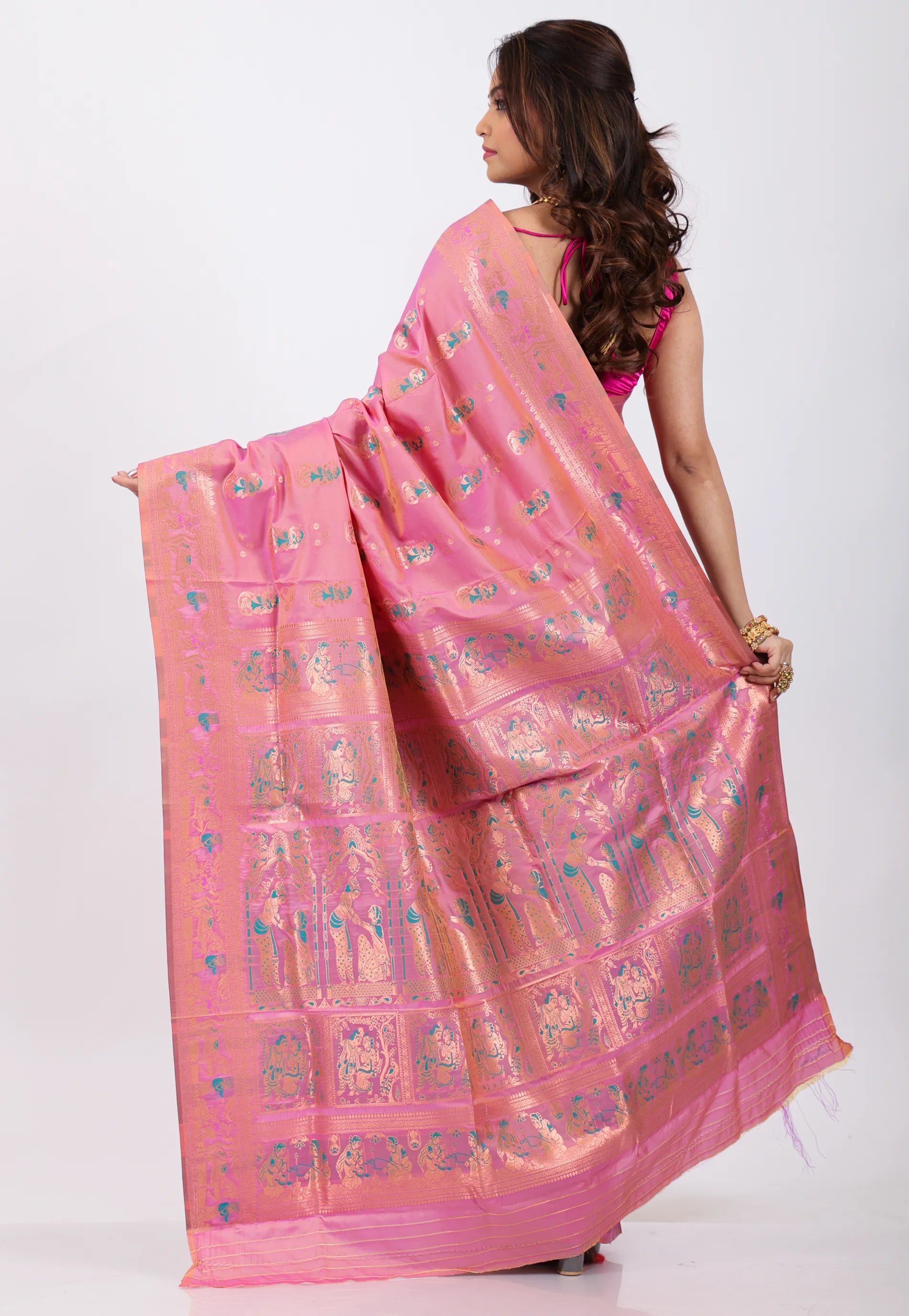 Onion Pink Baluchari Silk Saree with Blouse Piece - Adi Akshoy & Co.