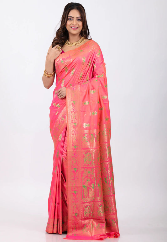 Baby Pink Baluchari Silk Saree with Blouse Piece - Adi Akshoy & Co.