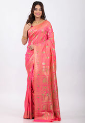 Baby Pink Baluchari Silk Saree with Blouse Piece - Adi Akshoy & Co.