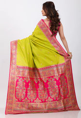 Parrot Green Kanjivaram Silk Saree With Blouse Piece - Adi Akshoy & Co.