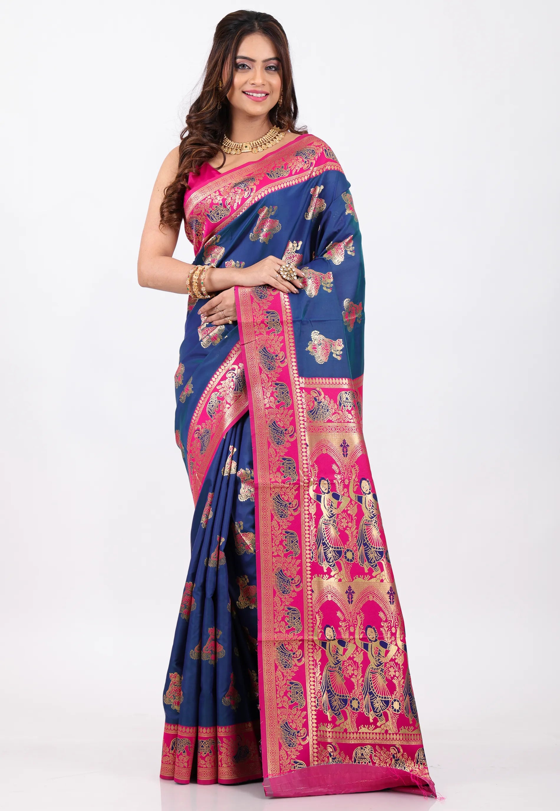 Navy Blue with Rani Border Baluchari Silk Saree with Blouse Piece - Adi Akshoy & Co.