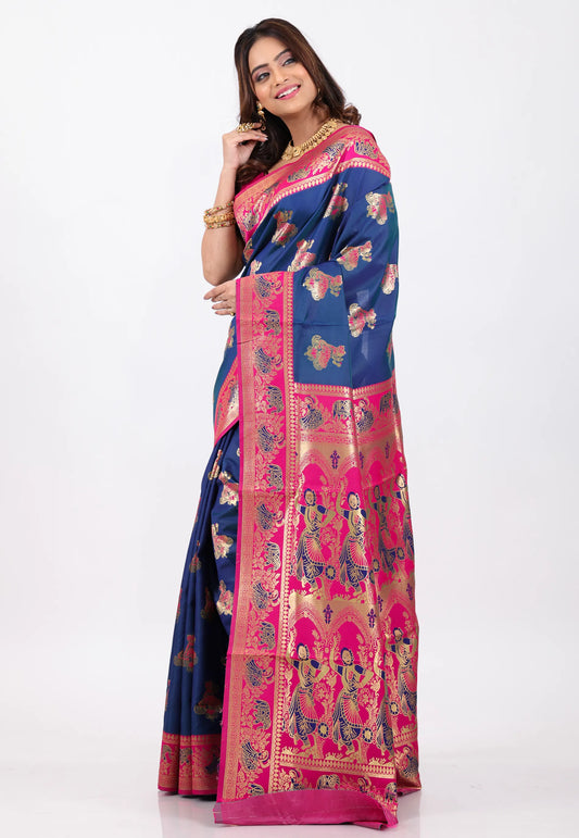 Navy Blue with Rani Border Baluchari Silk Saree with Blouse Piece - Adi Akshoy & Co.