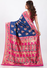Navy Blue with Rani Border Baluchari Silk Saree with Blouse Piece - Adi Akshoy & Co.