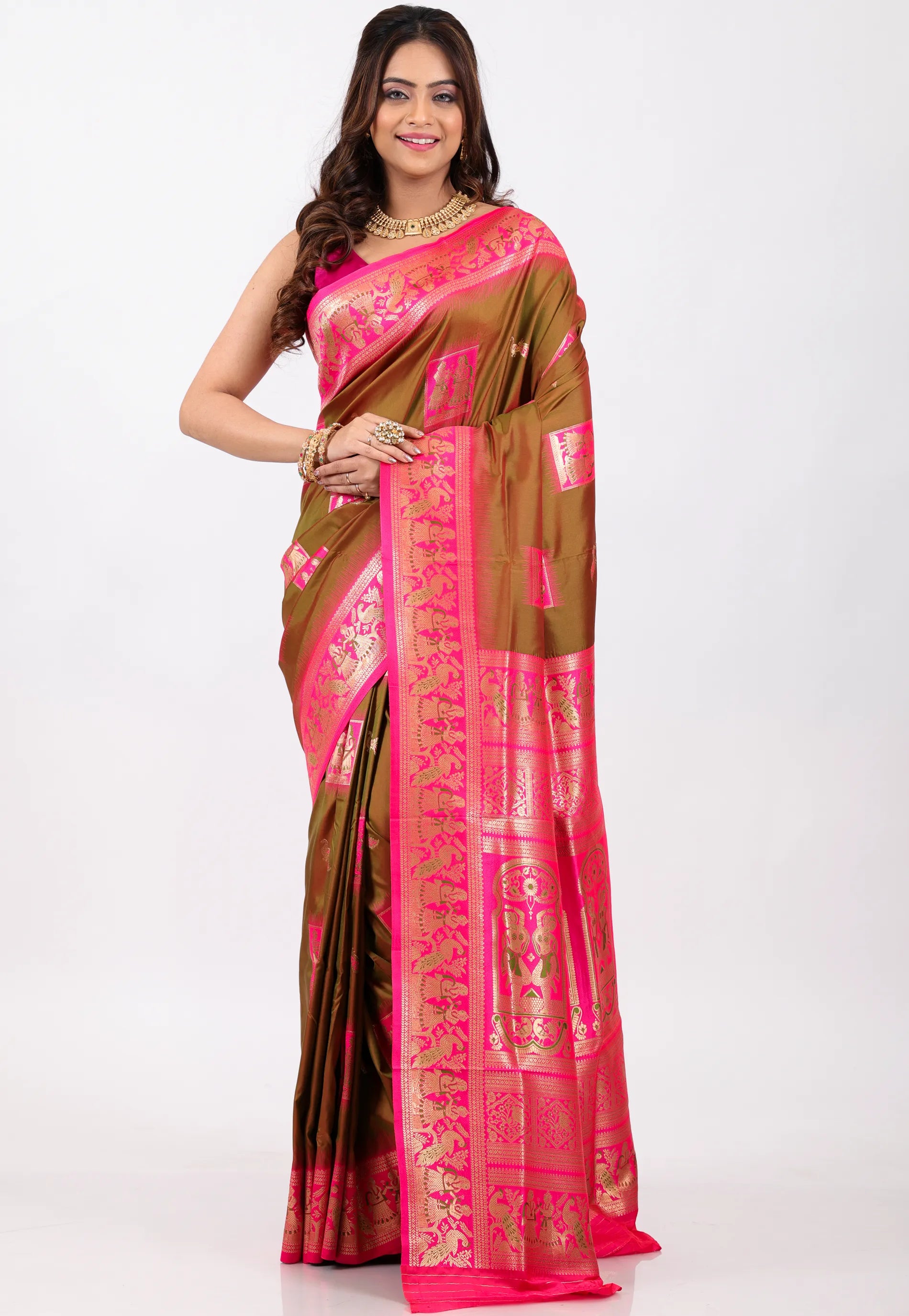 Brown with Rani Border Baluchari Silk Saree with Blouse Piece - Adi Akshoy & Co.