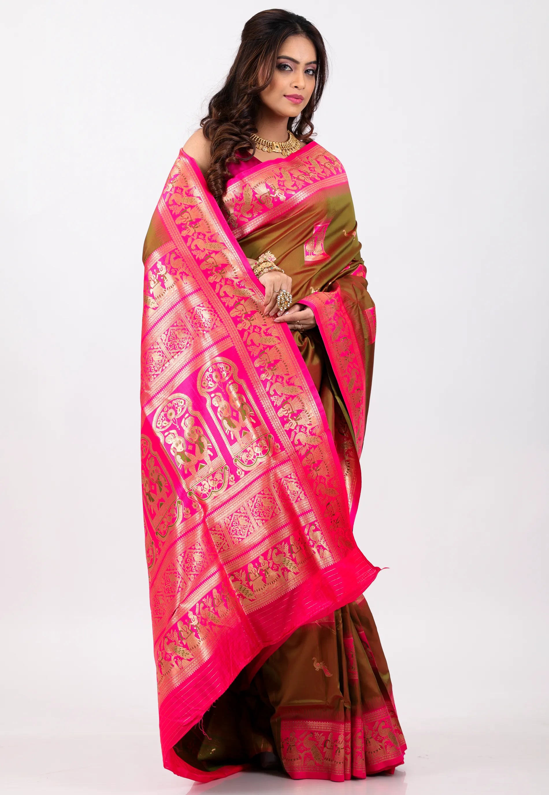 Brown with Rani Border Baluchari Silk Saree with Blouse Piece - Adi Akshoy & Co.