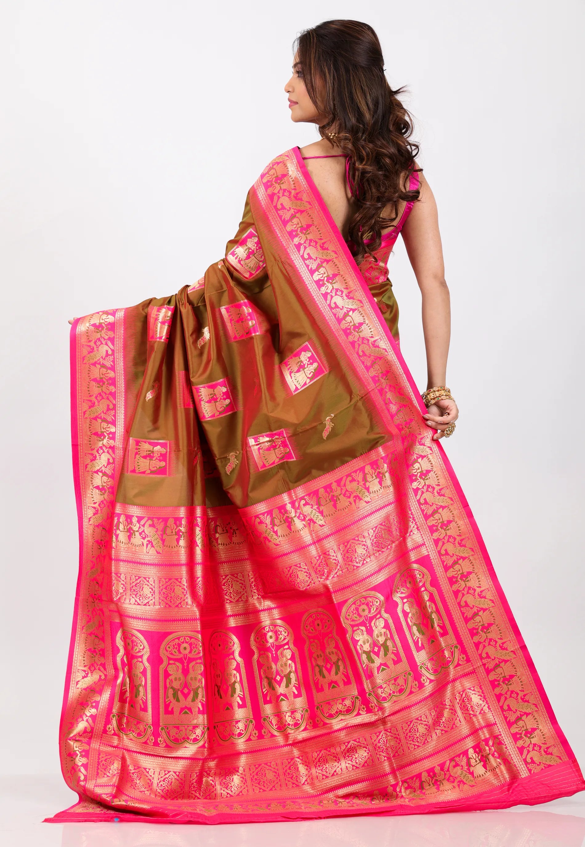 Brown with Rani Border Baluchari Silk Saree with Blouse Piece - Adi Akshoy & Co.