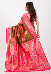 Brown with Rani Border Baluchari Silk Saree with Blouse Piece - Adi Akshoy & Co.