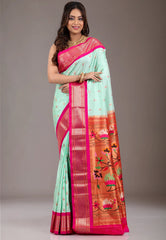 Sea Blue with Rani Zari Border Pure Paithani Silk Saree With Blouse Piece - Adi Akshoy & Co.