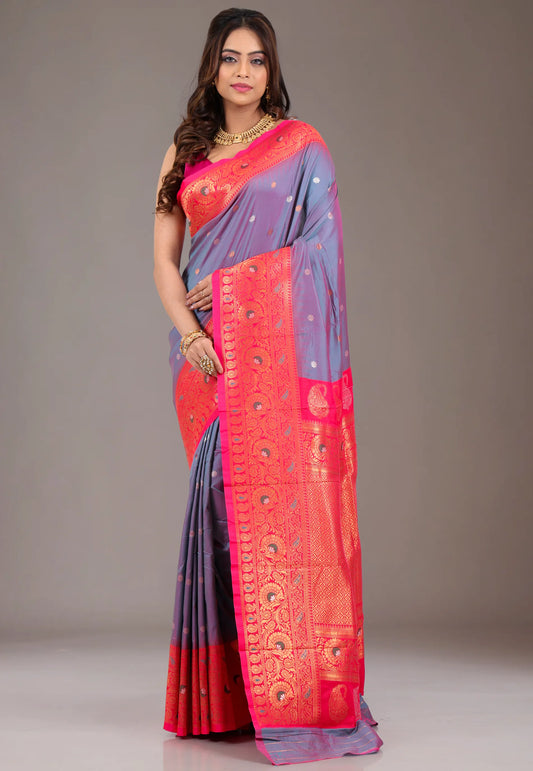 Dual shades of Purple & Blue Kanjivaram Silk Saree With Blouse Piece - Adi Akshoy & Co.