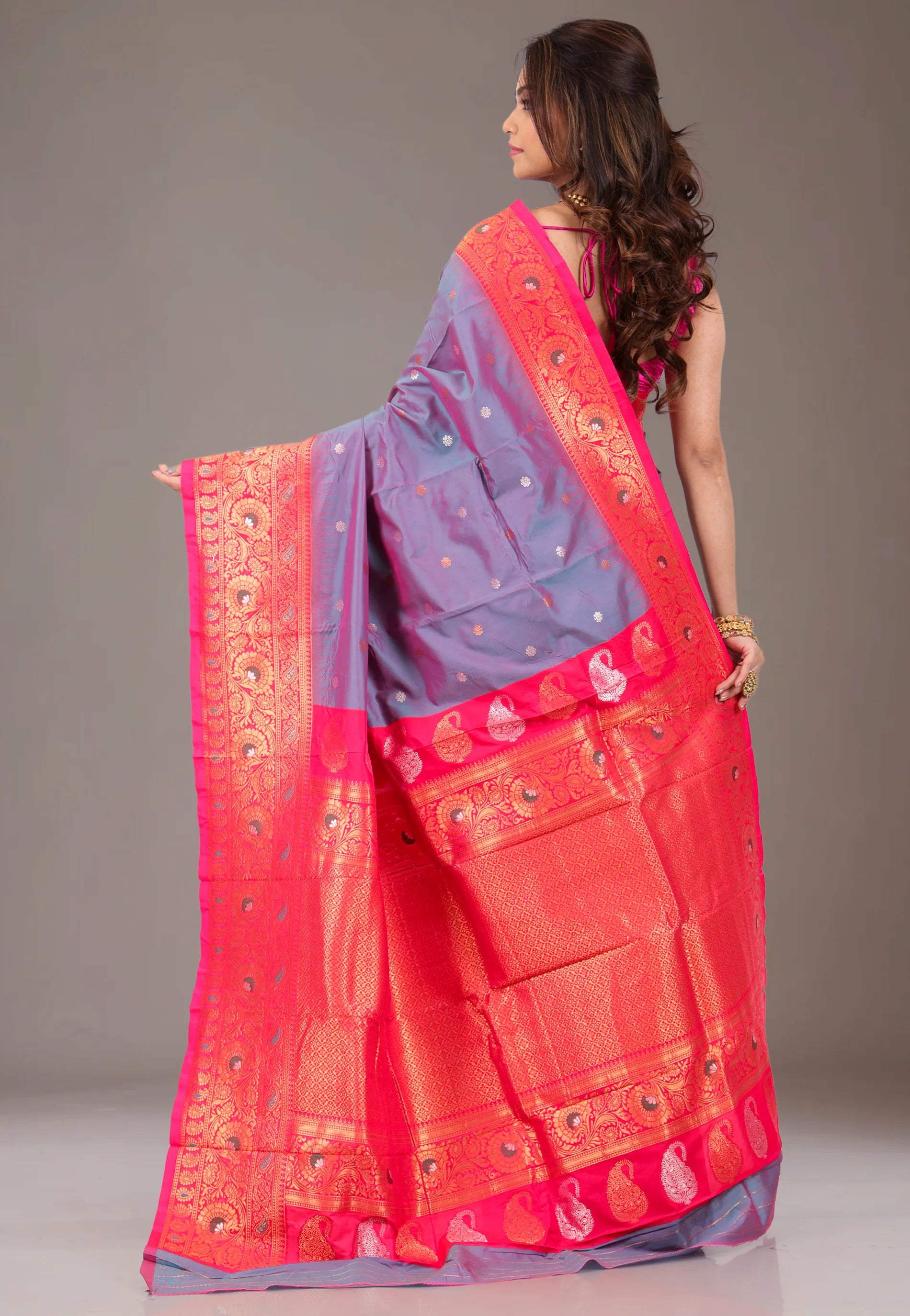 Dual shades of Purple & Blue Kanjivaram Silk Saree With Blouse Piece - Adi Akshoy & Co.