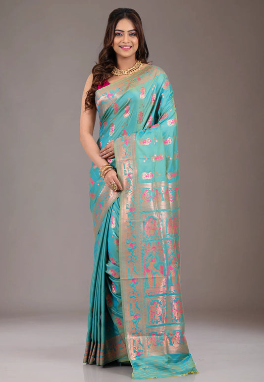 Turquoise Blue Baluchari Silk Saree with Blouse Piece - Adi Akshoy & Co.