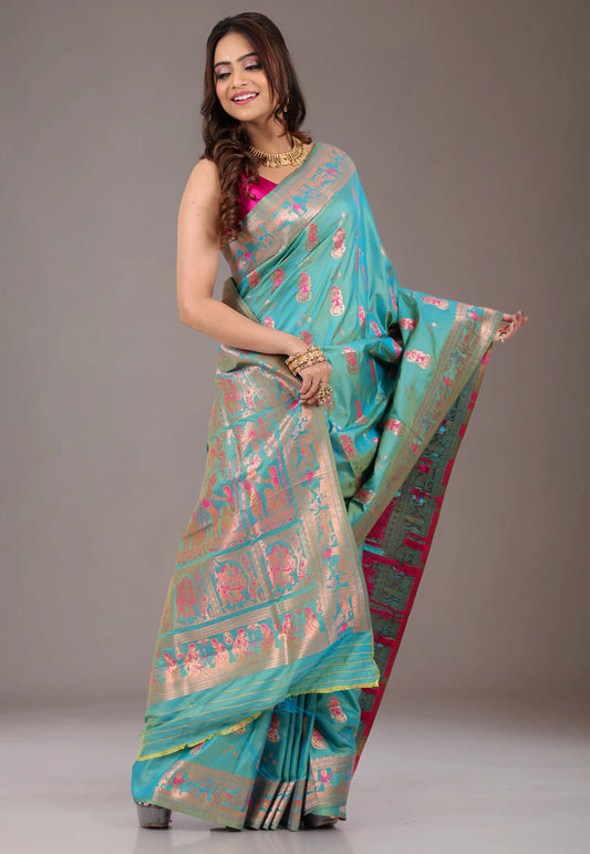 Turquoise Blue Baluchari Silk Saree with Blouse Piece - Adi Akshoy & Co.