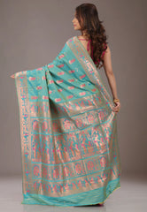 Turquoise Blue Baluchari Silk Saree with Blouse Piece - Adi Akshoy & Co.