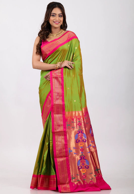 Parrot Green with Rani Zari Border Pure Paithani Silk Saree With Blouse Piece - Adi Akshoy & Co.