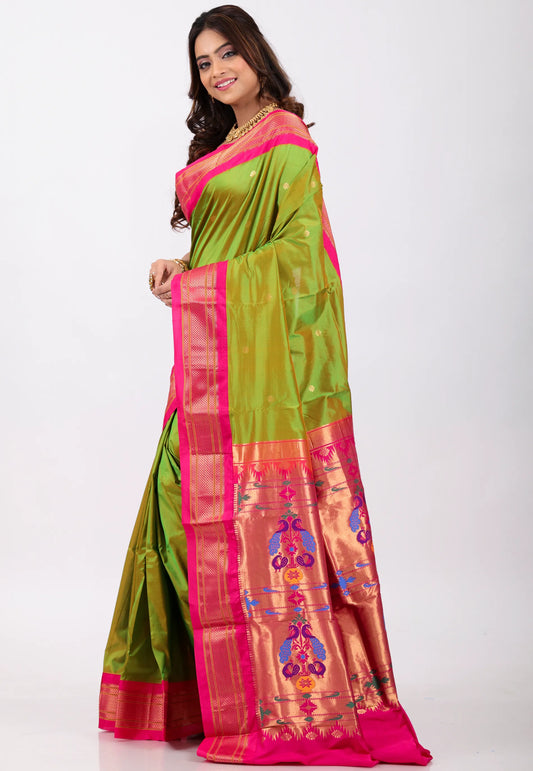 Parrot Green with Rani Zari Border Pure Paithani Silk Saree With Blouse Piece - Adi Akshoy & Co.