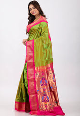 Parrot Green with Rani Zari Border Pure Paithani Silk Saree With Blouse Piece - Adi Akshoy & Co.