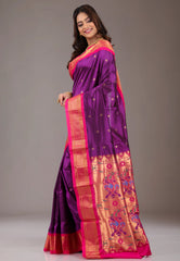 Magenta with Red Zari Border Pure Paithani Silk Saree With Blouse Piece - Adi Akshoy & Co.