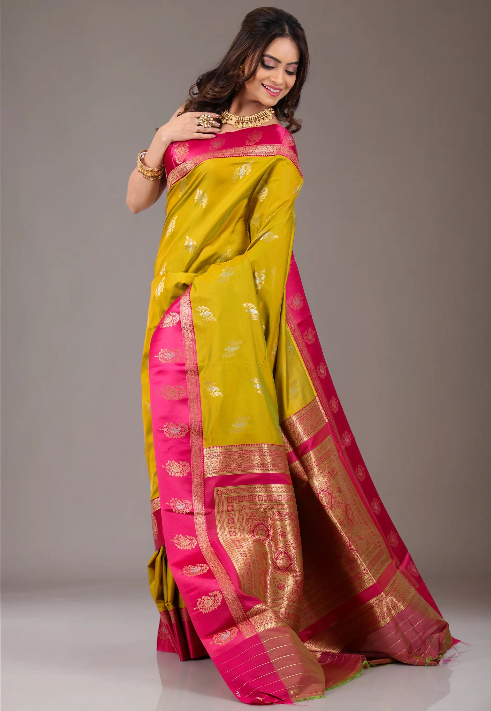 Mustard with Rani Border Kanjivaram Silk Saree With Blouse Piece - Adi Akshoy & Co.