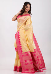 Beige with Rani Border Tussar Silk Saree with Blouse Piece - Adi Akshoy & Co.