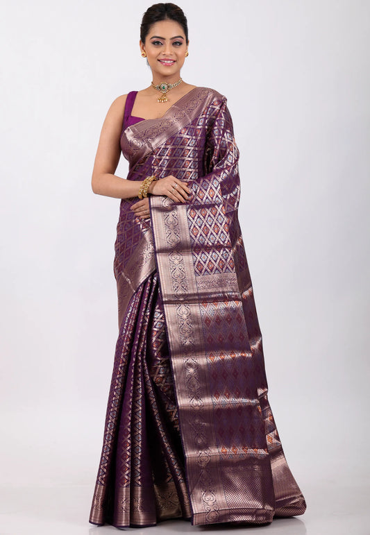 Magenta with Zari work Kanjivaram Silk Saree With Blouse Piece - Adi Akshoy & Co.
