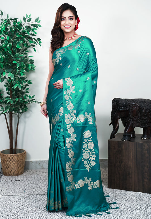 Rama Green Mashru Silk Saree with Blouse Piece