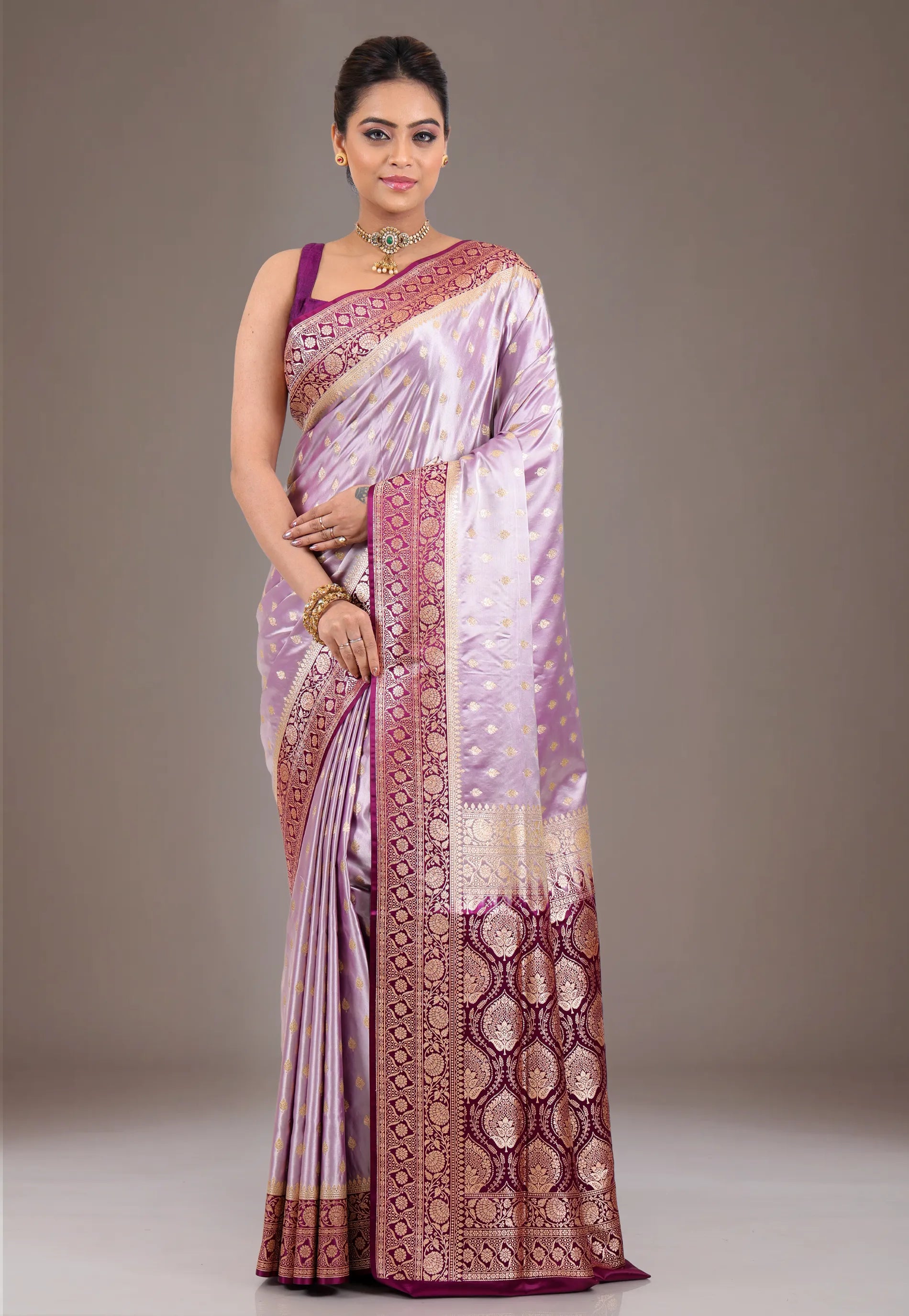 Purple with Magenta Border Pastel Banarasi Saree With Blouse Piece - Adi Akshoy & Co.