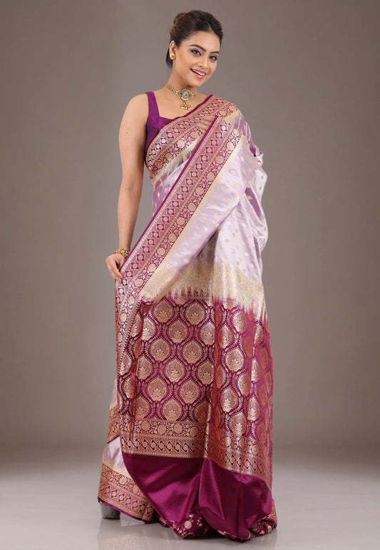 Purple with Magenta Border Pastel Banarasi Saree With Blouse Piece - Adi Akshoy & Co.